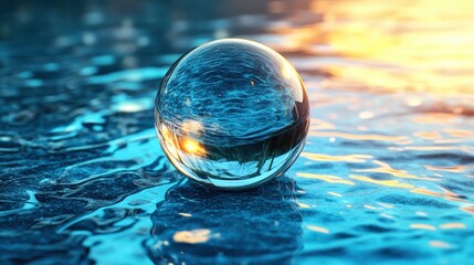 Aufkleber - Glass ball resting on a table with water droplets and a reflective surface creating an artistic visual effect