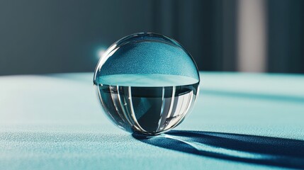 Aufkleber - Glass ball placed on wooden table casting a shadow with a soft photo background