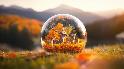 Poster - Glass sphere containing a deer figurine placed on a wooden table with soft natural lighting