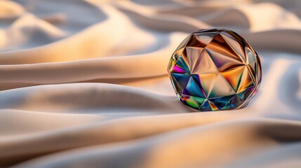 Aufkleber - Colorful diamond gemstone resting on a smooth white surface illuminated by natural light