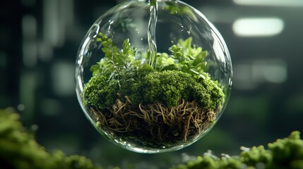 Poster - Glass ball containing a small green plant and a blurred background for nature and decor concepts