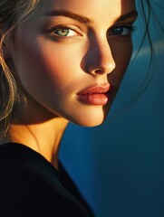 Poster - Stunning portrait of a woman showcasing youthful skin and captivating eyes with artistic modern lighting techniques. Generative AI