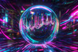 © wolfhound911 - A vibrant 3D music background where a levitating crystal sphere contains an entire glowing orchestra of holographic instruments. Pulsating neon energy waves radiate outward, creating a surreal fusion