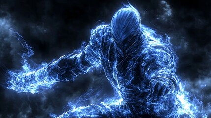 Poster - Dynamic blue warrior unleashing energy in an ethereal setting during an intense battle