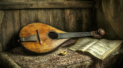 Poster - Vintage mandolin rests on aged rug with sheet music and oil lamp.