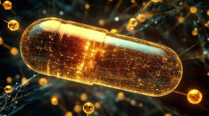 Poster - Glowing Capsule with Digital Connections Representing Pharmaceutical Innovations and Technology Concepts