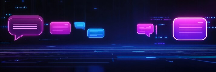 Fototapete - Floating message bubbles and glowing notifications create a vibrant social media chat interface at night. Generative AI
