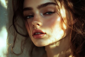 Poster - Fashion portrait highlighting modern beauty with artistic lighting and smooth skin in an intimate setting. Generative AI