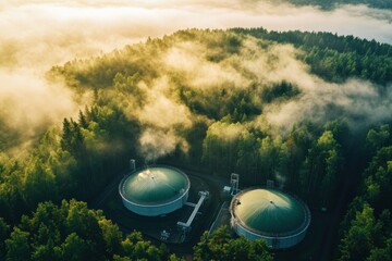 Poster - Eco friendly natural gas infrastructure amidst misty forest promoting sustainable energy solutions. Generative AI