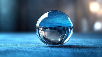Poster - Glass sphere resting on a wooden table with a blurred background and soft natural light