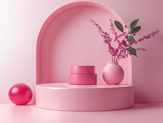 Wall Mural - Minimalistic Pink Geometry Podium Display on Soft Background for Product Showcase