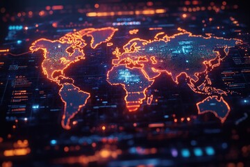 Poster - Breaking News Live Dynamic Graphic Screen Saver with Digital World Map in Neon Blue and Orange