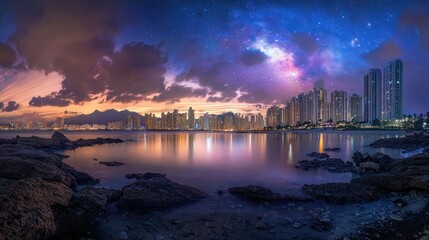 Wall Mural - Night cityscape skyline reflected in calm water with starry sky.