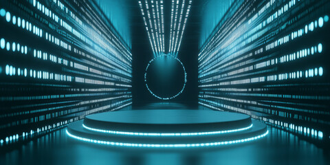 A sleek, modern 3D background featuring a podium placed at the center of a vast digital data tunnel. The walls are adorned with glowing binary code, creating an immersive, futuristic environment. The
