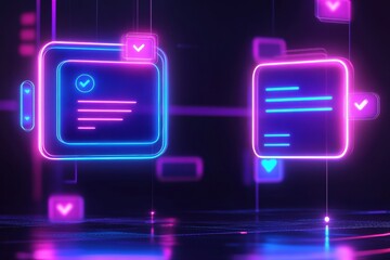 Fototapete - Floating message bubbles and glowing notifications create a dynamic social media chat interface at night. Generative AI