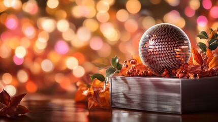 Aufkleber - disco ball resting on a wooden box with colorful lighting creating a vibrant atmosphere