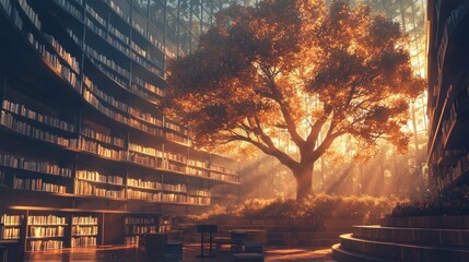 Poster - Sunlit tree in a grand library.