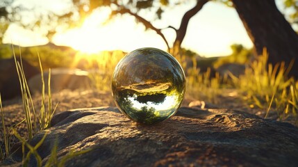 Poster - Glass ball resting on a textured rock surface in natural outdoor setting with soft lighting