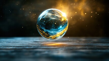 Poster - Glass ball reflecting the earth on a surface with soft lighting and a blurred background