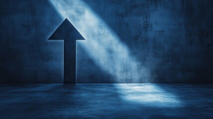 Poster - Abstract representation of upward direction with light beams illuminating a dark space and arrow symbol on wall