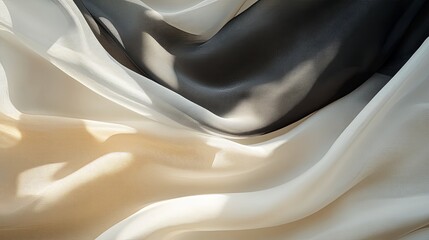 Poster - Soft draped fabrics showcase a blend of cream, white, and dark hues creating an elegant texture in natural light