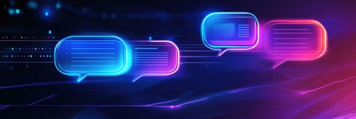 Fototapete - Floating message bubbles and glowing notifications create an engaging social media chat interface during the night. Generative AI