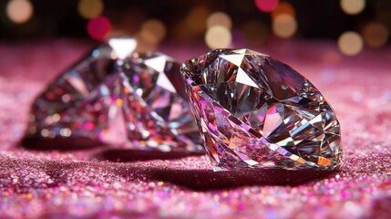 Poster - Two sparkling diamonds on a pink glitter background creating an elegant and luxurious display