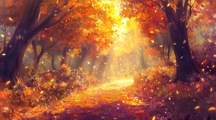 Poster - Sunlit autumn path in vibrant forest.