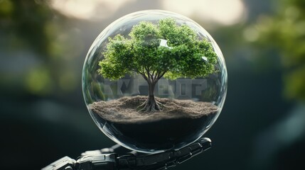 Poster - Tree reflected in a glass sphere surrounded by soft focus nature background