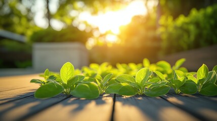 Aufkleber - Wooden table with fresh green leaves and a camera on top of a rustic surface in natural light