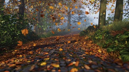 Poster - Misty autumn path with falling leaves.