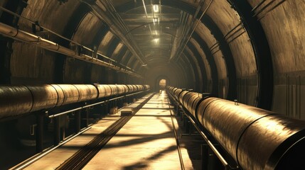 Aufkleber - Long pipelines extend into the distance within a metallic industrial corridor showcasing modern gas transport systems. Generative AI