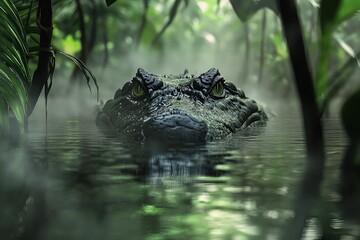 a crocodile lurking in a swampy jungle river, only its piercing eyes snout visible above the water, 