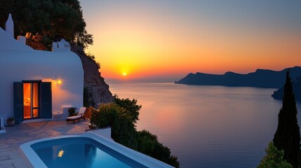 Wall Mural - Sunset view from a clifftop villa with infinity pool.