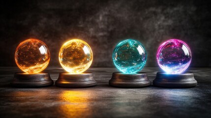 Aufkleber - Three colored glass orbs placed on a reflective surface with soft lighting and shadows