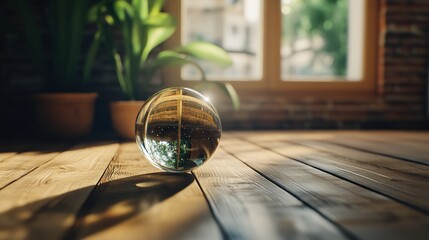 Poster - Glass ball containing a small green plant with soil and natural lighting on a wooden surface