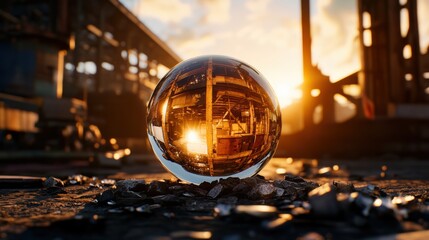 Poster - Glass ball resting on the ground reflecting light and surroundings in a natural outdoor setting