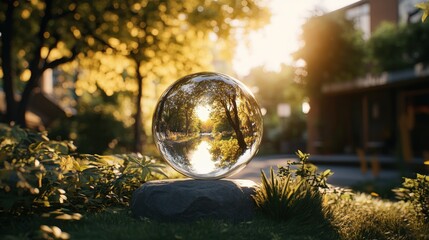 Poster - Glass ball placed on a rock with a natural background and soft lighting effects in outdoor setting