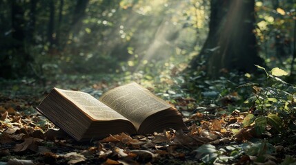 Poster - Open book on forest floor, sun rays.