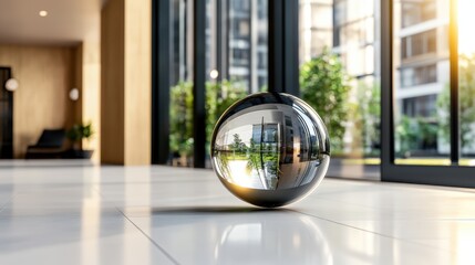 Aufkleber - Glass ball placed on wooden floor in a well-lit room with neutral colored walls and natural light