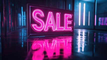 Poster - Bright neon sale sign glowing in an urban retail environment with a modern aesthetic. Generative AI