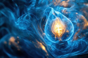 Fototapete - Glowing gas lamp radiates warm light in swirling blue mist, capturing a moment of serenity and charm in the evening atmosphere. Generative AI