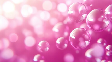 Poster - A dreamy composition of pink bubbles floating upwards against a blurred soft background, leaving ample room for design or text.