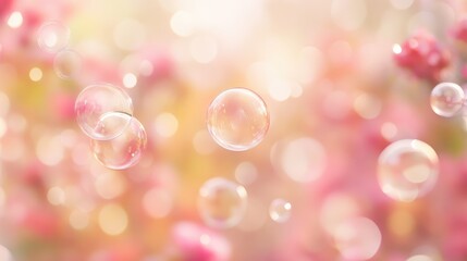 Poster - A dreamy composition of pink bubbles floating upwards against a blurred soft background, leaving ample room for design or text.