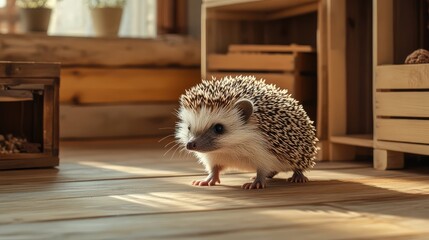 Poster - A hedgehog exploring a small indoor play area with natural lighting and clear copy space.