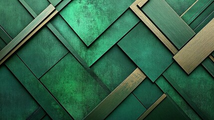Poster - Geometric abstract pattern featuring green and gold textured surfaces