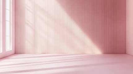 Poster - A pastel pink striped wallpaper with soft hues and light shadows, offering ample copy space for creative design.