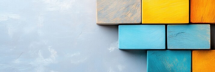 Stacked wooden geometric forms in bold colors create a modern design layout on gray background
