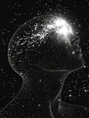 Fototapete - Interconnected AI nodes illuminate human silhouette against cosmic cyberpunk backdrop. Generative AI