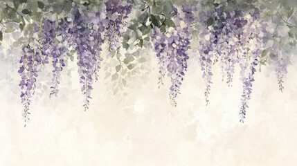 Wall Mural - a refined watercolor painting of an elegant lavender wisteria vine cascading down against a muted be